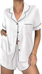 Ekouaer Womens Silk Satin Pajama Sets 2 Piece Button Down Silk Pjs Shorts Sets Cute Print Short Sleeve Sleepwear S-4XL