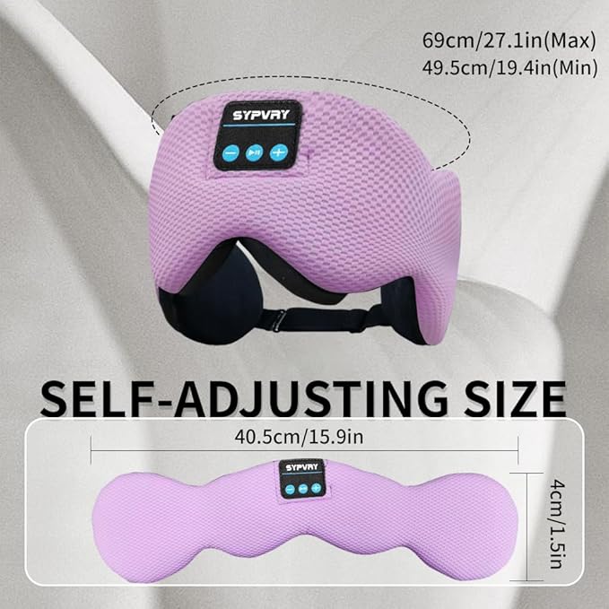 SYPVRY Bluetooth 5.4 Headphones Headband Eye Mask Wireless Sleep Mask，Blackout Bluetooth Eye Mask for Sleeping，Cotton Sleep Mask for Side Sleepers Adjustable Hook and Loop, Purple