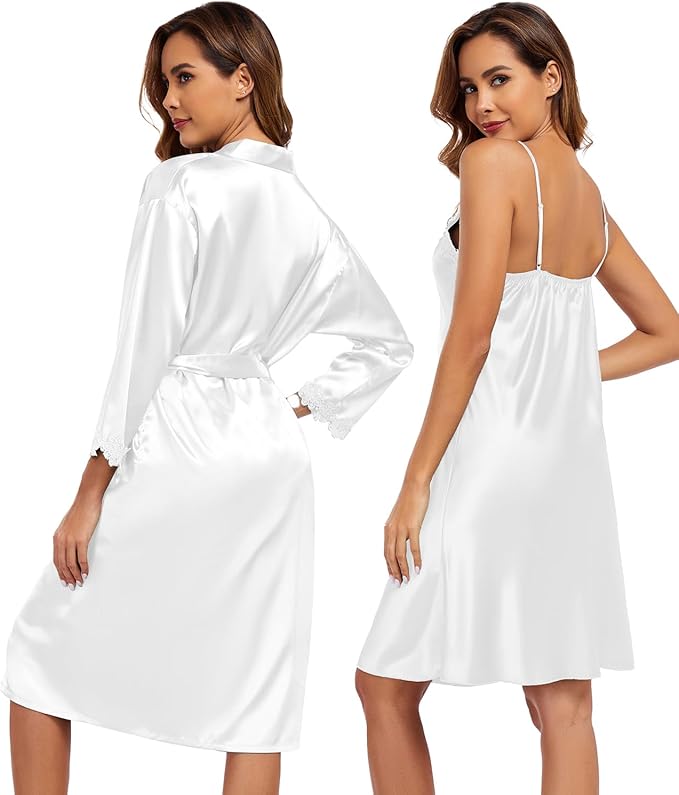 BestWendding Women's Silk Robe Set 2 Pieces Pajamas Sets Sexy Soft Satin Robe with V Neck Camisole Lingerie Nightgown