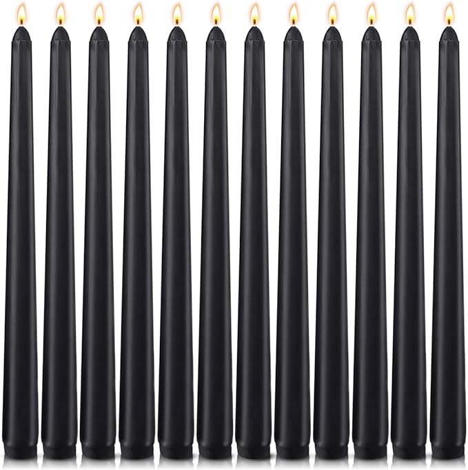 12-Pack Black Taper Candles, 10 Inch Unscented Dripless Candlesticks, Long-Lasting Burn Time of 7-8 Hours, Perfect for Halloween Decor Parties Meditation and Home Ambiance