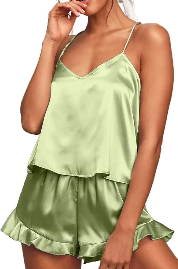 CHYRII Women's Sexy Silk Satin Ruffled Pajamas Sets Cami Shorts Sets Sleepwear