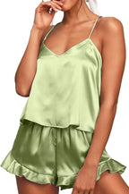 CHYRII Women's Sexy Silk Satin Ruffled Pajamas Sets Cami Shorts Sets Sleepwear