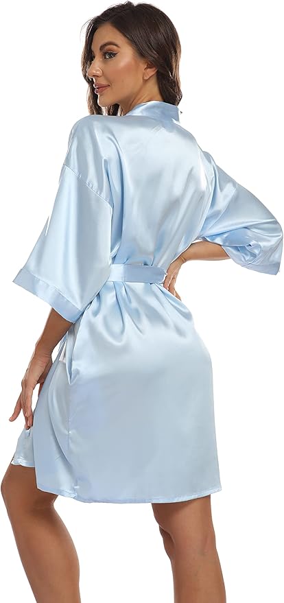 Women's Pure Short Kimono Robes Bride Bridesmaids Silky Bathrobe Lightweight Satin Sleepwear