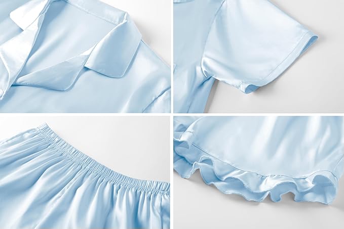 Umeyda Girls & Women Satin Pajamas Set Button Down 2 Piece Silk Pjs Shorts Set Ruffle Sleepwear, 5 Years-Women L