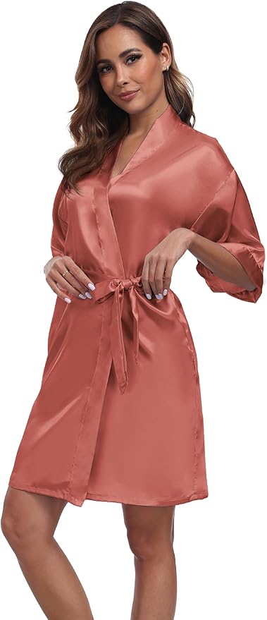 Women's Short Satin Robes Silky Bathrobe Bridesmaid Sleepwear for Wedding Party Getting Ready Solid Color