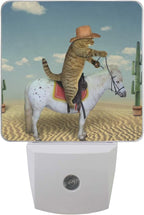 Plug in Night Light Cat Cowboy On Horse Lamp Ultra-Slim, Cool-Touch Dusk to Dawn Sensor LED Nightlight Smart Light Automatically Lights for Kids Adults and Nursery Decor Night Light