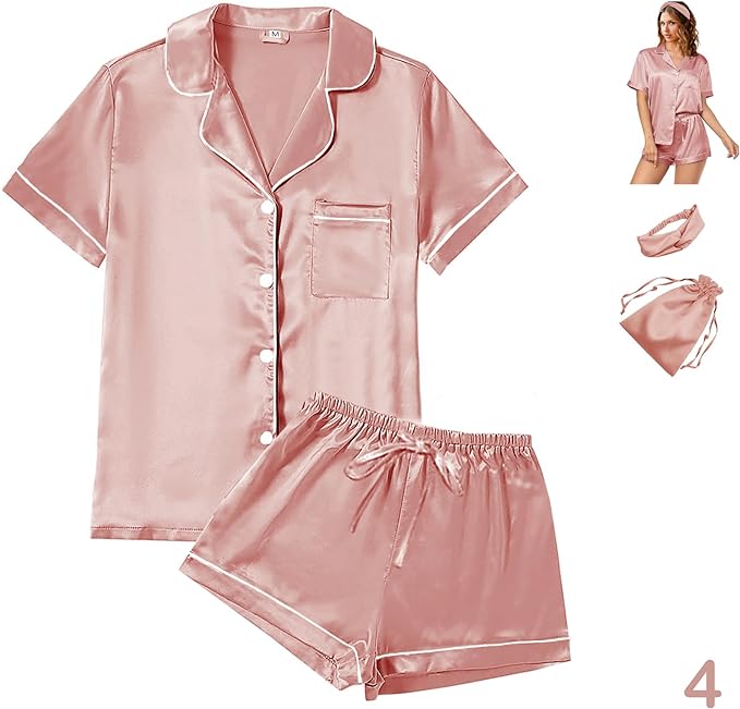 WJing Yi Jia 4Pcs Womens Satin Silky Pajama Sets Short Sleeve Shirt XS-4XL Floral Pajamas Set Soft PJ Loungewear Sleepwear