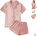 WJing Yi Jia 4Pcs Womens Satin Silky Pajama Sets Short Sleeve Shirt XS-4XL Floral Pajamas Set Soft PJ Loungewear Sleepwear