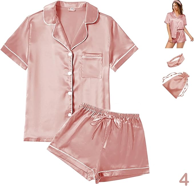 WJing Yi Jia 4Pcs Womens Satin Silky Pajama Sets Short Sleeve Shirt XS-4XL Floral Pajamas Set Soft PJ Loungewear Sleepwear