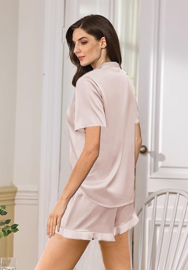 WJing Yi Jia Ruffle Pajama Sets For Women XS-4XL Womens Silk Satin Pajamas Set Silky Sleepwear Pj Sets Nightwear Loungewear