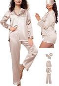 WJing Yi Jia 5Pcs XS-XXL Womens Silk Satin Pajamas Sets Long Pj Sets Button Down Pjs Set Loungewear Sleepwear