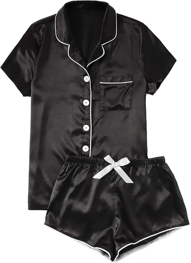 WDIRARA Women's Sleepwear Satin Short Sleeve Shirt and Shorts Pajama Set