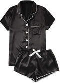 WDIRARA Women's Sleepwear Satin Short Sleeve Shirt and Shorts Pajama Set
