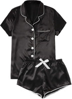 WDIRARA Women's Sleepwear Satin Short Sleeve Shirt and Shorts Pajama Set