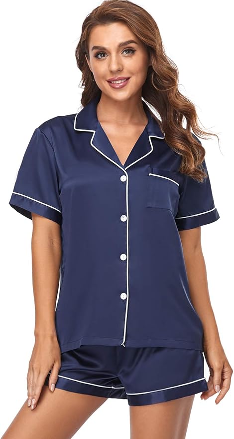 Serenedelicacy Women's Satin Pajama Set 2-Piece Sleepwear Loungewear Button Down Short Sleeve Silky PJ Set