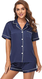 Serenedelicacy Women's Satin Pajama Set 2-Piece Sleepwear Loungewear Button Down Short Sleeve Silky PJ Set