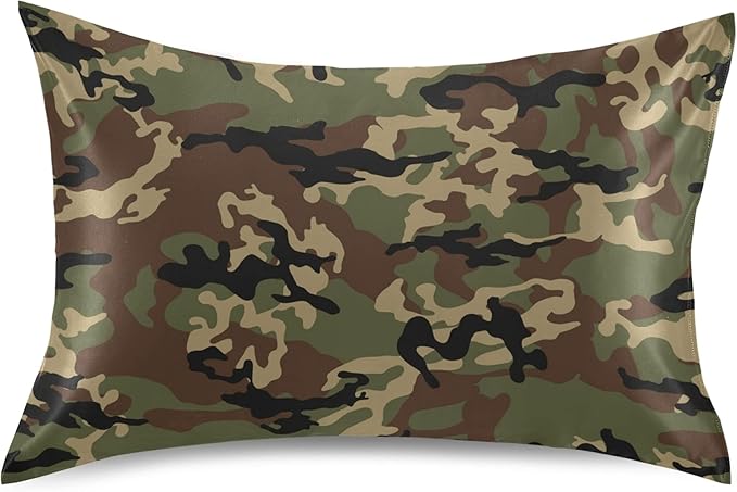 Green Army Camo Satin Pillowcase for Hair and Skin, Army Camouflage Military Silk Pillow Case with Envelope Closure, Standard Size 20x26 inches, 1 PC