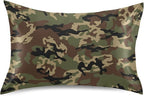 Green Army Camo Satin Pillowcase for Hair and Skin, Army Camouflage Military Silk Pillow Case with Envelope Closure, King Size 20x40 inches, 1 PC
