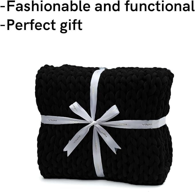 YnM Velvet Weighted Blanket, Handmade Chunky Knitted Design, Soft and Cozy, Temperature Regulating and Breathable, Machine Washable Throw for Sleep or Home Decor (Black, 50x60 Inch, 10lbs)