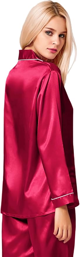 SWOMOG Womens Silk Satin Pajamas Set Long Sleeve Button Down Sleepwear 2 Piece Lounge Set Pj Set XS-3XL