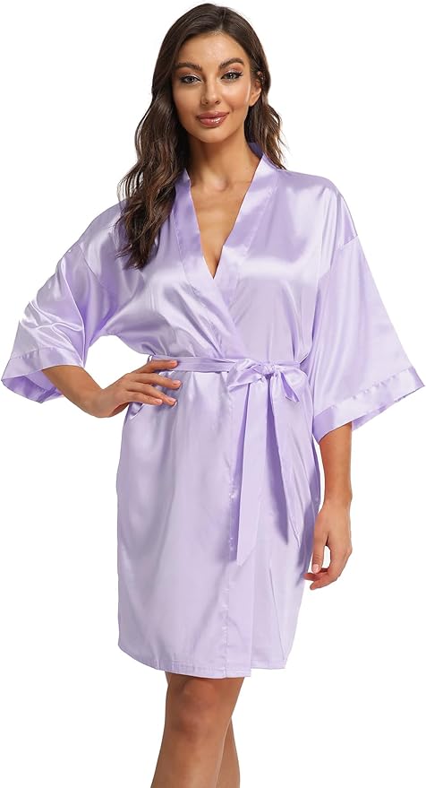Women's Pure Short Kimono Robes Bride Bridesmaids Silky Bathrobe Lightweight Satin Sleepwear
