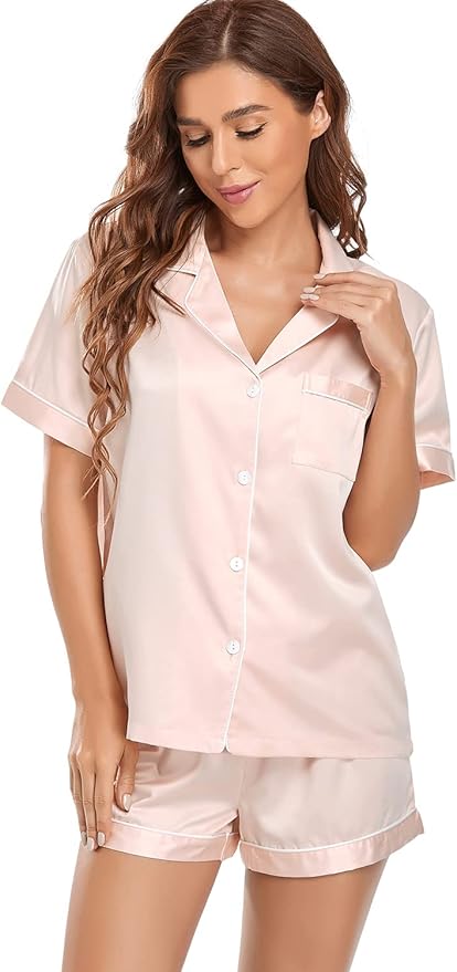 Serenedelicacy Women's Satin Pajama Set 2-Piece Sleepwear Loungewear Button Down Short Sleeve Silky PJ Set