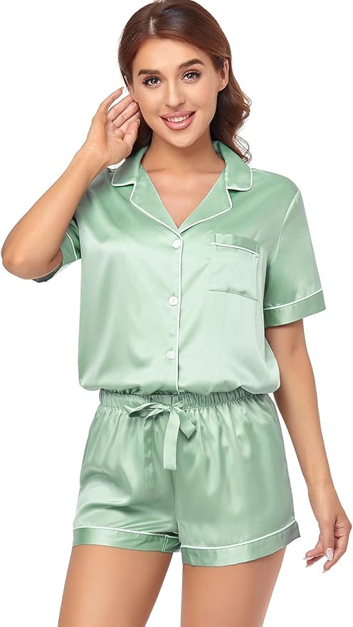 Serenedelicacy Women's Satin Pajama Set 2-Piece Sleepwear Loungewear Button Down Short Sleeve Silky PJ Set