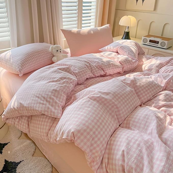 Nayoroom Gingham Duvet Cover King Size Pink White Plaid Checkered Comforter Cover 3 Pcs Soft Breathable Washed Microfiber Grid Farmhouse Bedding Set with Pillow Shams