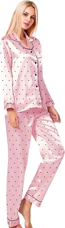 SWOMOG Womens Silk Satin Pajamas Set Long Sleeve Button Down Sleepwear 2 Piece Lounge Set Pj Set XS-3XL