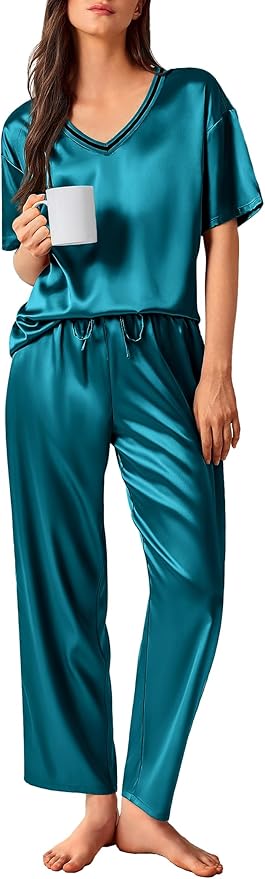 Ekouaer Satin Pajama Set for Women Short Sleeve Silky Pjs 2 Piece Lounge Sets Soft Comfy Sleepwear Loungewear S-XXL