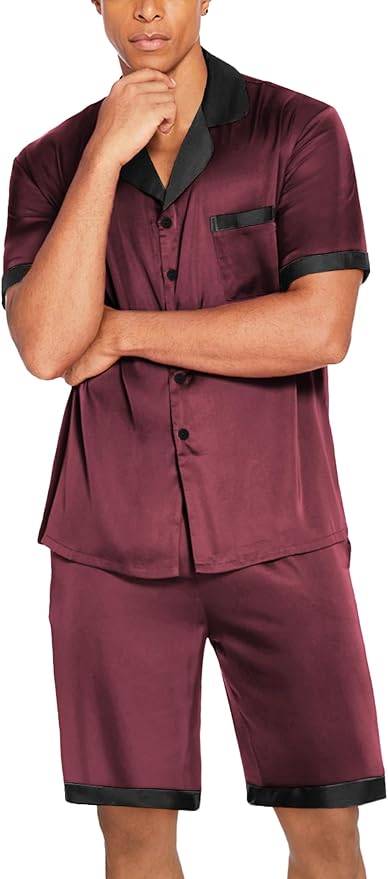 Ekouaer Men Satin Silk Pajamas Set with Pockets Sleepwear Shorts Satin Summer Loungewear 2 Piece Button Down Set S-3XL