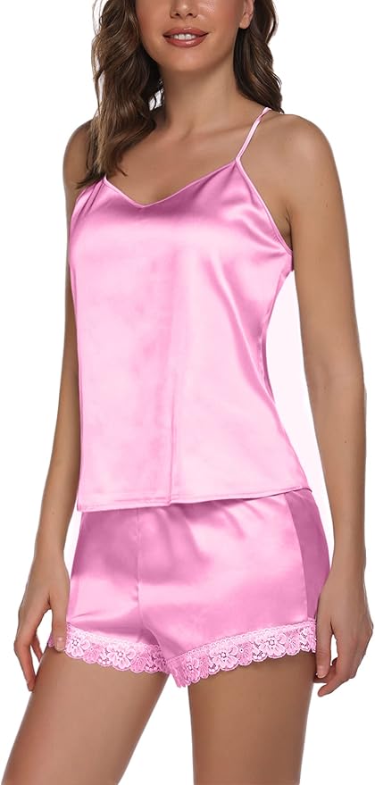 Ekouaer Satin Pajamas Women Lace Sleepwear Lingerie Cami Shorts Set Nightwear XS-XXL