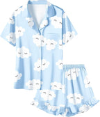 Umeyda Girls & Women Satin Pajamas Set Button Down 2 Piece Silk Pjs Shorts Set Ruffle Sleepwear, 5 Years-Women L