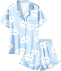 Umeyda Girls & Women Satin Pajamas Set Button Down 2 Piece Silk Pjs Shorts Set Ruffle Sleepwear, 5 Years-Women L
