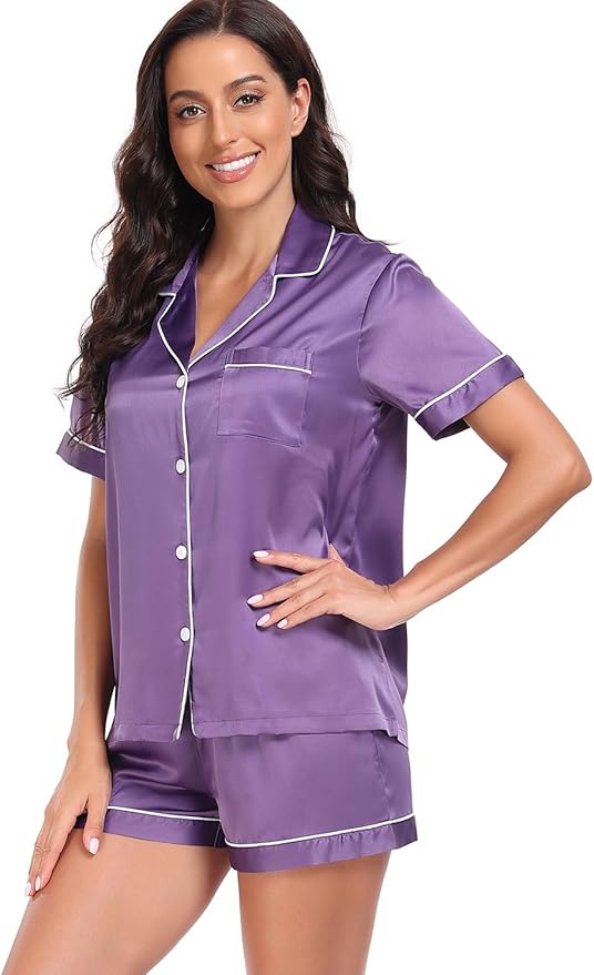 Serenedelicacy Women's Satin Pajama Set 2-Piece Sleepwear Loungewear Button Down Short Sleeve Silky PJ Set