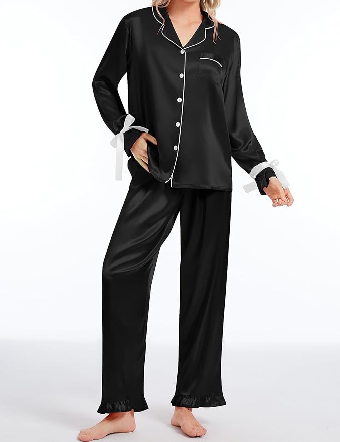 SWOMOG Womens Silk Satin Pajamas Set Long Sleeve Button Down Sleepwear 2 Piece Lounge Set Pj Set XS-3XL