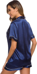 SWOMOG Womens Silk Satin Pajamas Set Short Sleeve Sleepwear Button Down Top and Shorts Loungewear 2 Piece Pjs Set XS-3XL