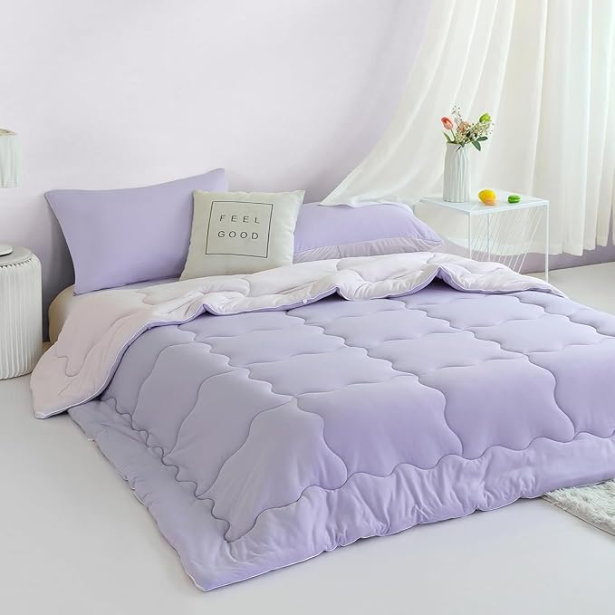 COTTEBED Reversible Softness Pink Purple Twin Comforters Sets for Girl Kids College Dorm, Cute Jersey Knit Lightweight Breathable Fluffy Cozy Comfy Bed Down Comforter Quilt for All Season Twin/Twin XL