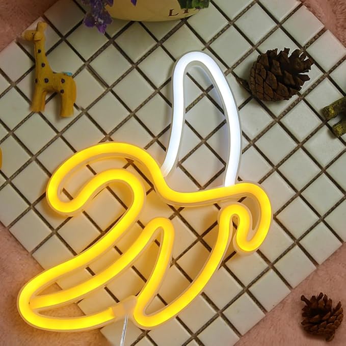 GUOCHENG Banana Neon Sign, Banana Shaped LED Night Light Battery&USB Power Hanging Neon Decor for Wall Bedroom Baby Room Christmas Party(Hanging)