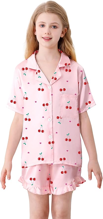 Umeyda Girls & Women Satin Pajamas Set Button Down 2 Piece Silk Pjs Shorts Set Ruffle Sleepwear, 5 Years-Women L