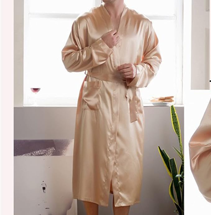Men's Satin Robe Silky Bathrobe Soft Comfy Casual Bathrobe Fashion Comfy Solid Color Long Loungewear with Pocket