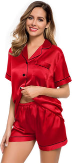 LecGee Womens Silk Satin Pajamas Short Sleeve Loungewear Two-Piece Sleepwear Button-Down Pj Set