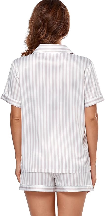 Serenedelicacy Women's Satin Pajama Set 2-Piece Sleepwear Loungewear Button Down Short Sleeve Silky PJ Set