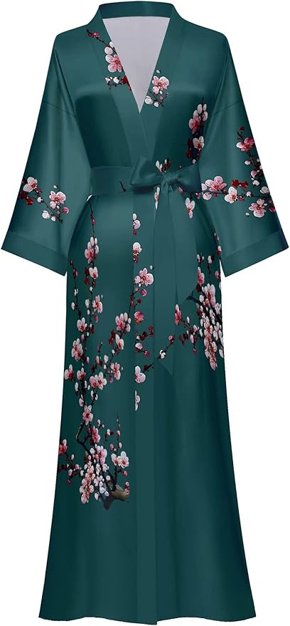 Kihnop Women's Floral Long Kimono Robe Long Satin Robe Long Silk Robe Ladies Kimonos Silky Bathrobe Cover Up, One Size
