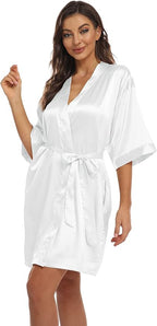 Women's Pure Short Kimono Robes Bride Bridesmaids Silky Bathrobe Lightweight Satin Sleepwear