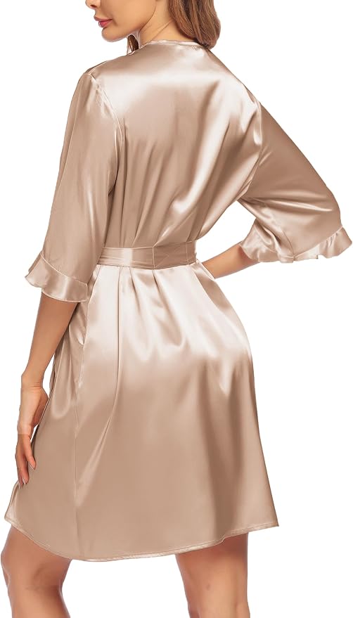 Ekouaer Women's Satin Robe Valentines Lingerie for Women Kimono Bathrobe Short Ruffle Belted Robes Bridesmaids Sleepwear