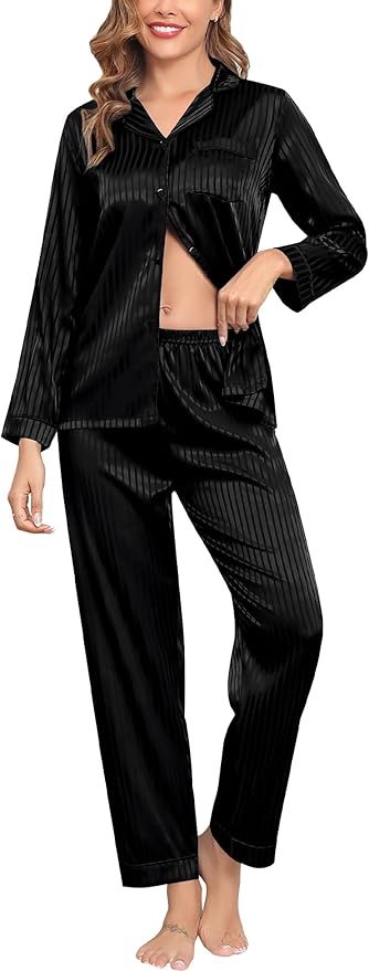 SWOMOG Womens Silk Satin Pajamas Set Long Sleeve Button Down Sleepwear 2 Piece Lounge Set Pj Set XS-3XL