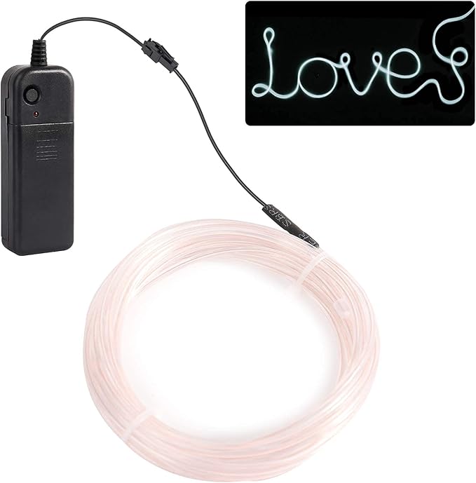 JIGUOOR EL Wire Battery Pack 9.8ft / 3m Bright Neon Light Strip 360° Illumination Neon Tube Rope Lights for DIY, Festival, Party Decoration, Pub, Halloween, Chrismas (9.8ft / 3m, White)