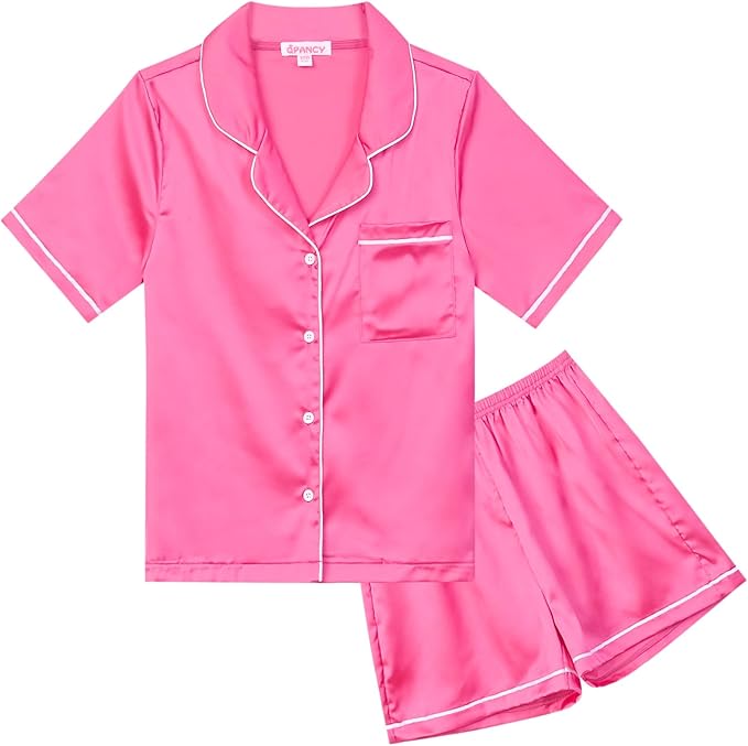 QPANCY Kids Satin Pajamas Sets Baby Boy Girl Button-Down Silk Sleepwear 2 Piece Short Sleeve Loungewear Clothes Set