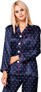 SWOMOG Womens Silk Satin Pajamas Set Long Sleeve Button Down Sleepwear 2 Piece Lounge Set Pj Set XS-3XL